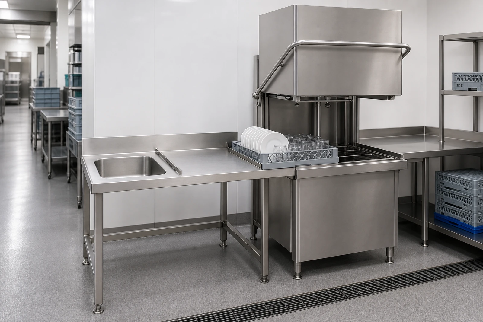 Stainless steel inlet table and open hood dishwasher in a typical central kitchen washing zone