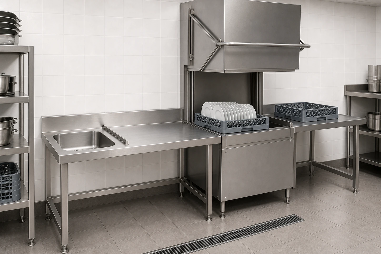 Commercial dishwasher inlet table with a raised hood dishwasher in a typical hotel back-of-house dishroom