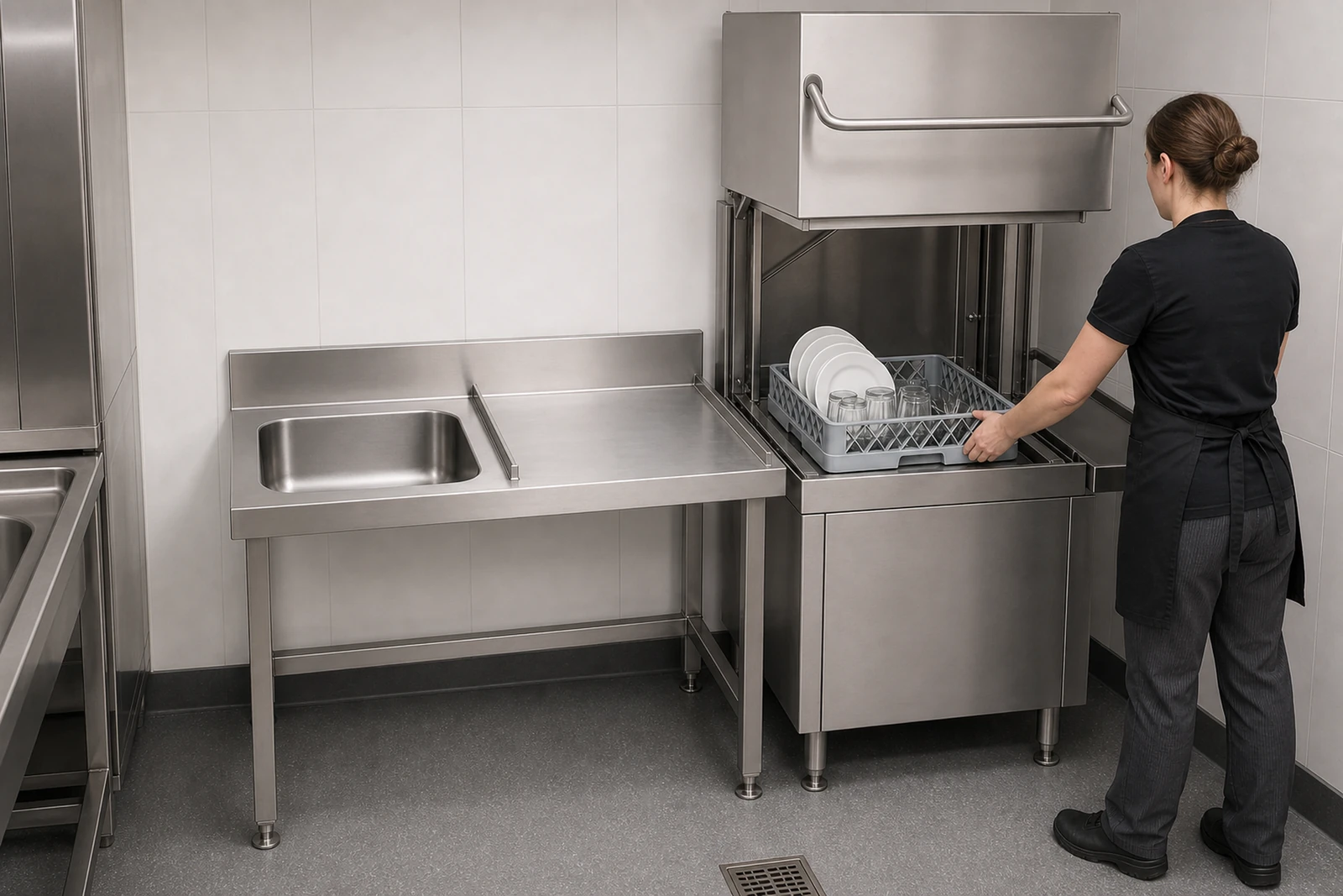 Stainless steel dishwasher inlet table beside an open hood-type dishwasher in a typical restaurant dishwashing workflow