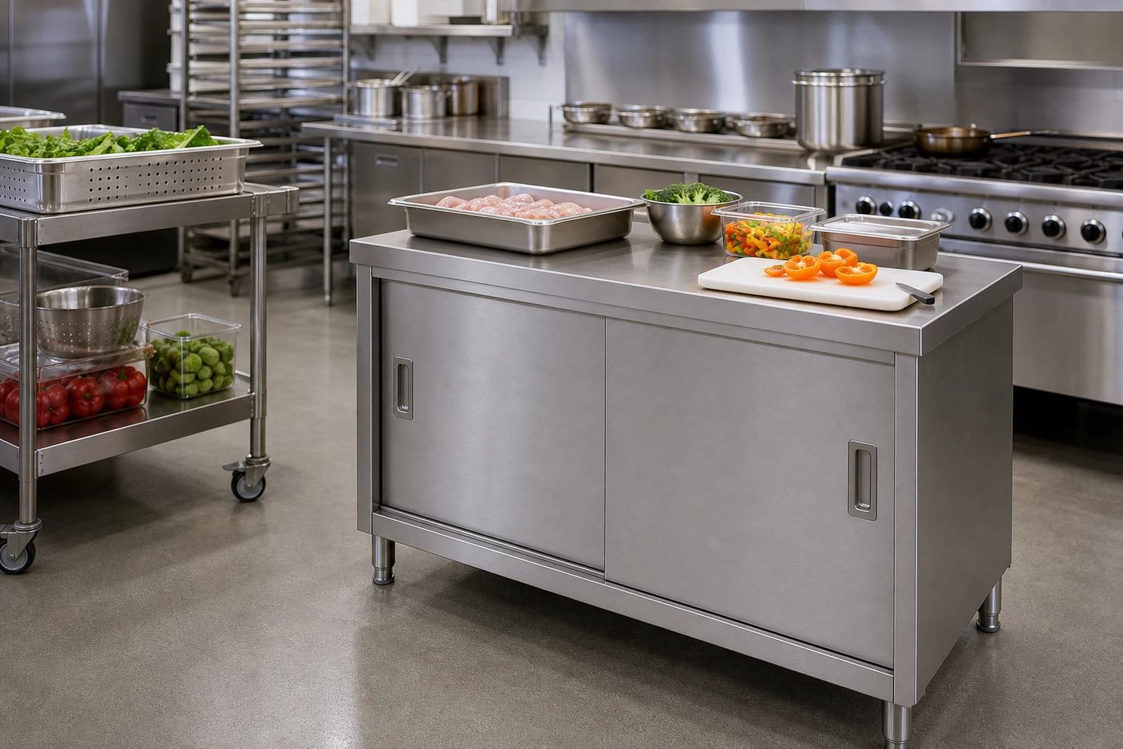 Stainless steel sliding door base cabinet in a central kitchen preparation area