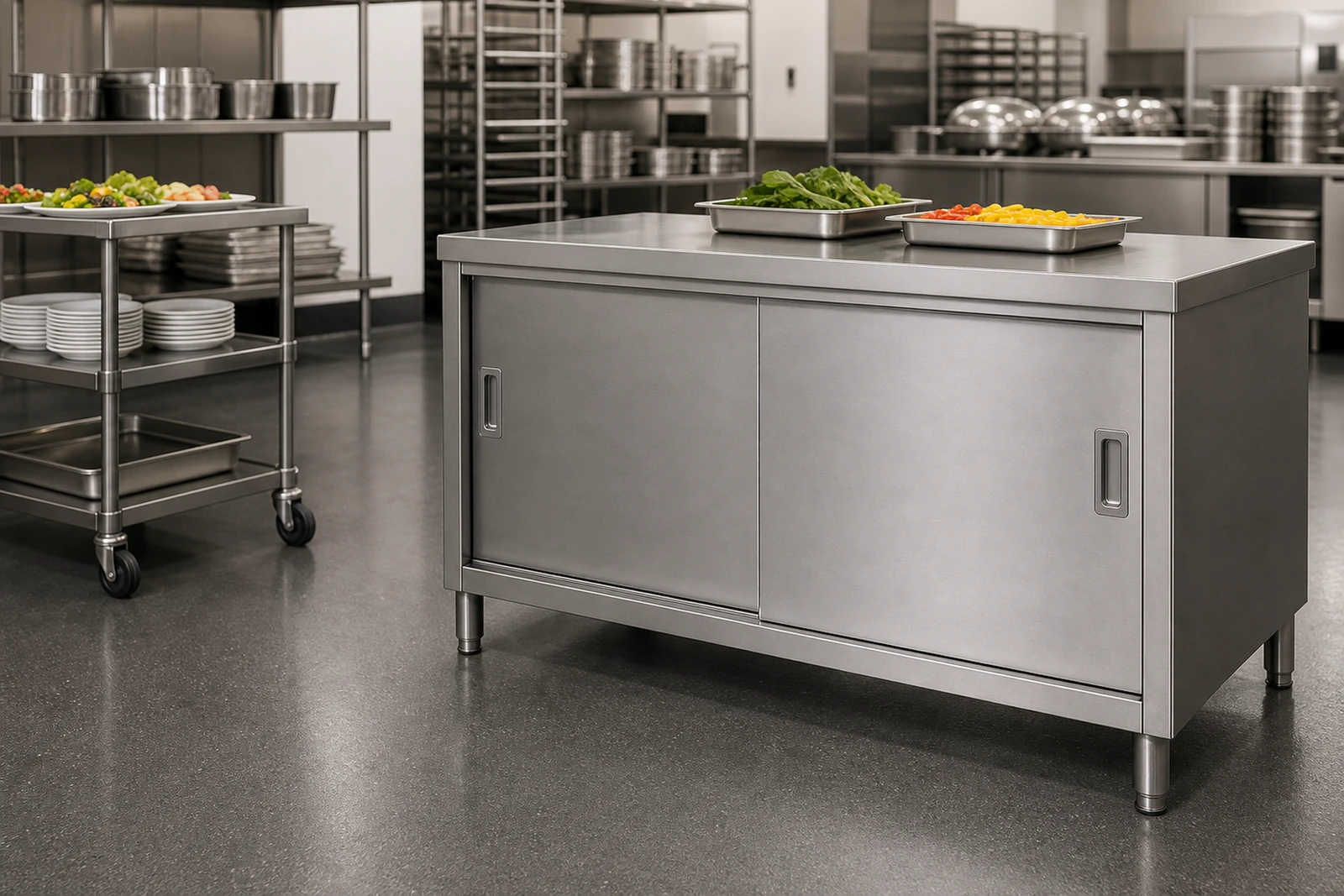 Stainless steel sliding door base cabinet in a hotel back-of-house kitchen