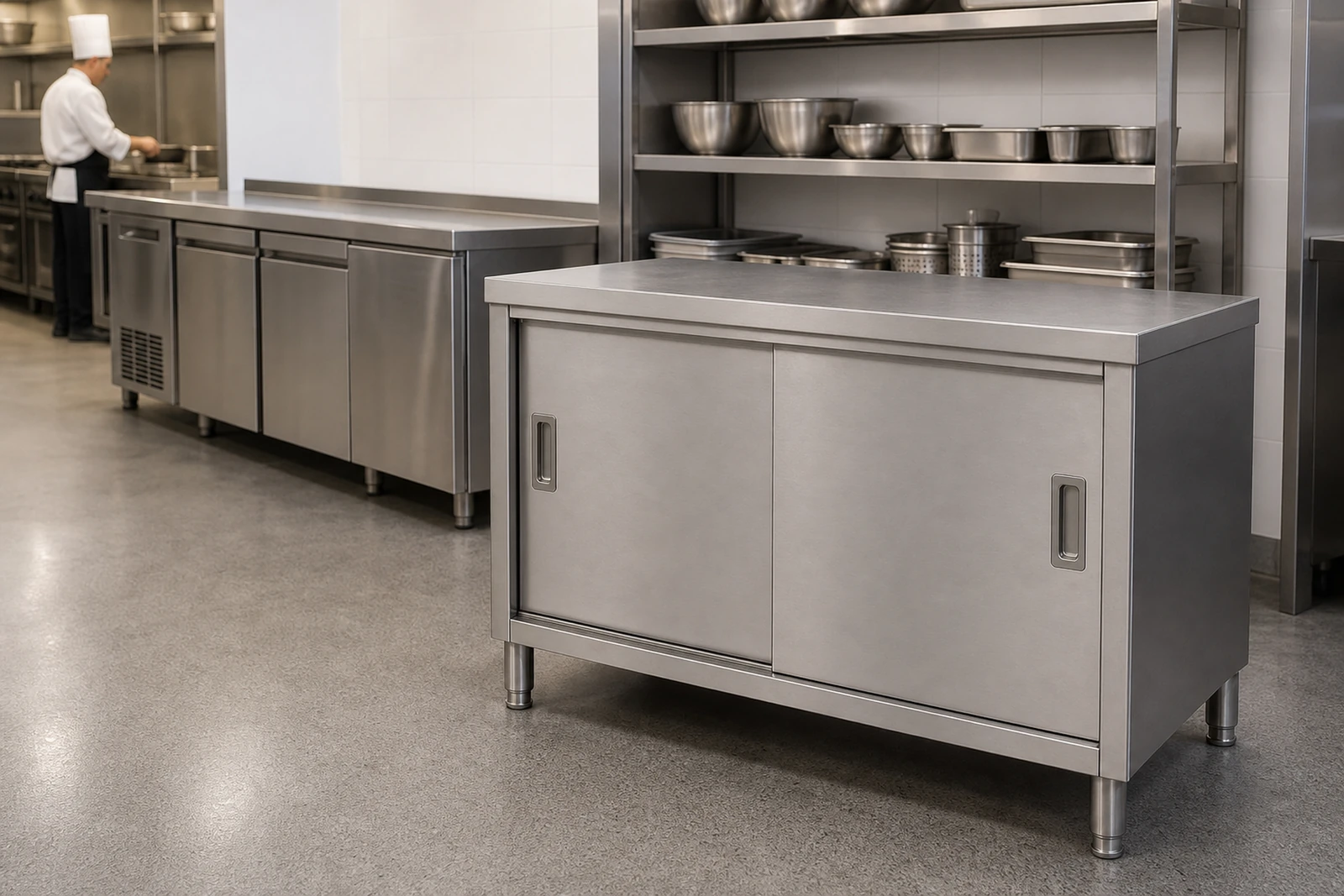 Stainless steel sliding door base cabinet in a commercial restaurant preparation kitchen